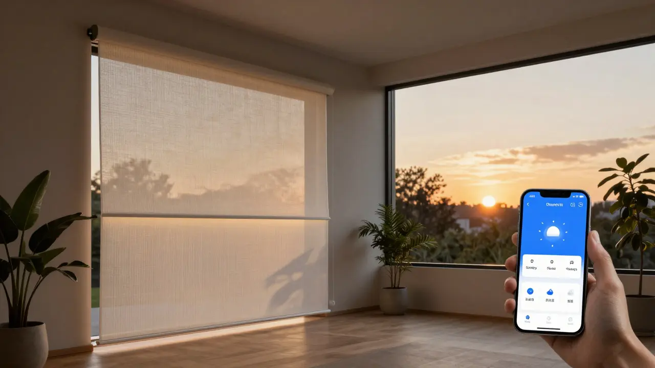 Smartes Sonnenschutzsystem mit automatischem Textilscreen und Innenrollo bei Dämmerung.