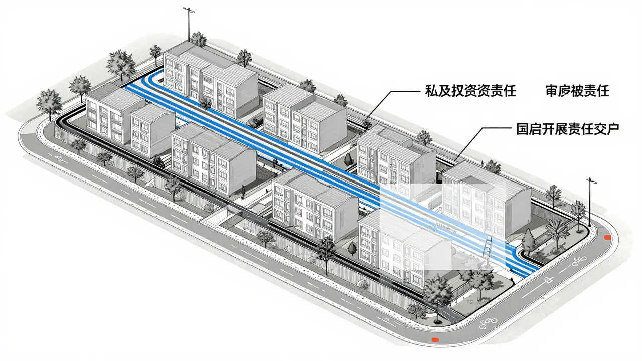 Technische Querschnittsdarstellung von unterirdischen und oberirdischen Versorgungsleitungen in einem Baugebiet.