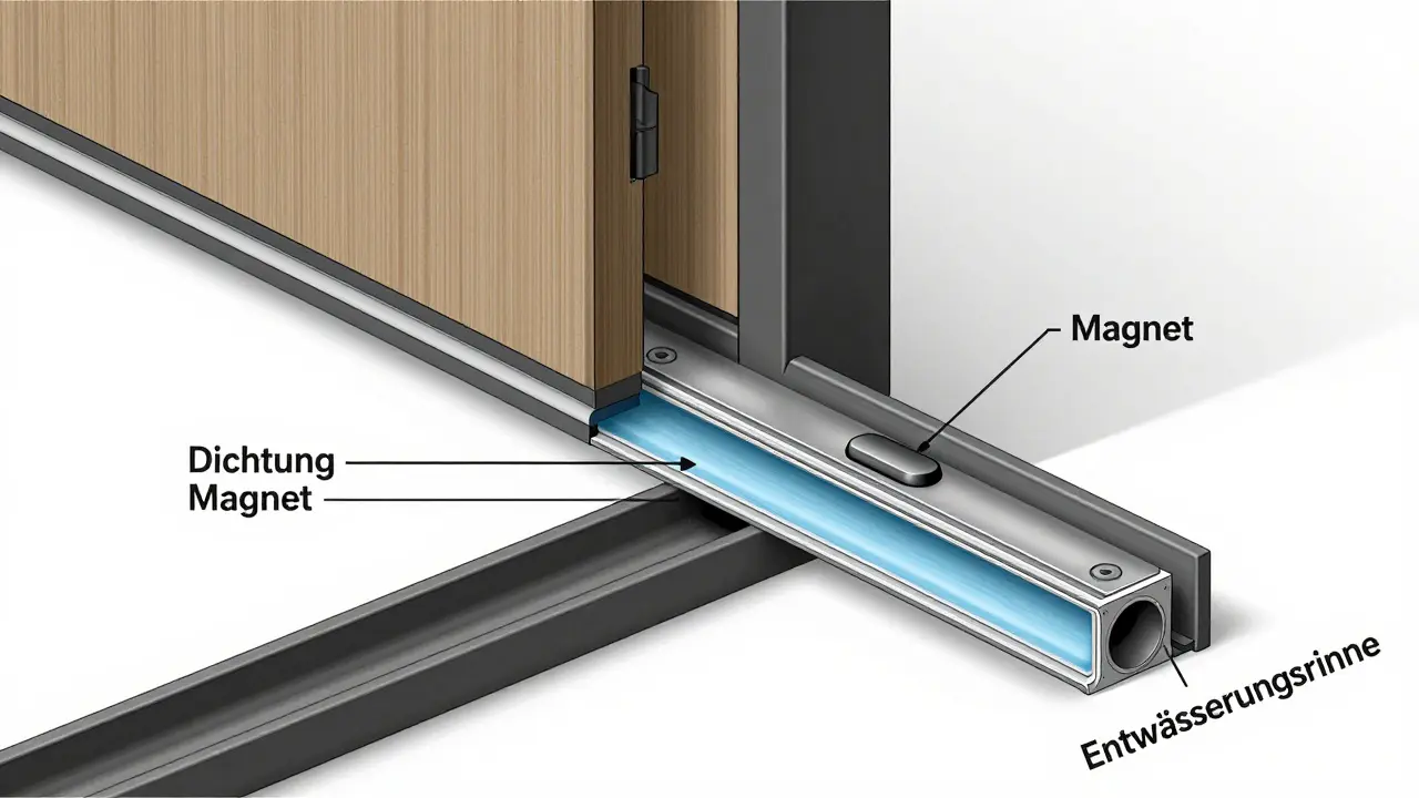 Technische Schnittansicht einer magnetischen schwellenlosen Tür mit Entwässerungssystem.