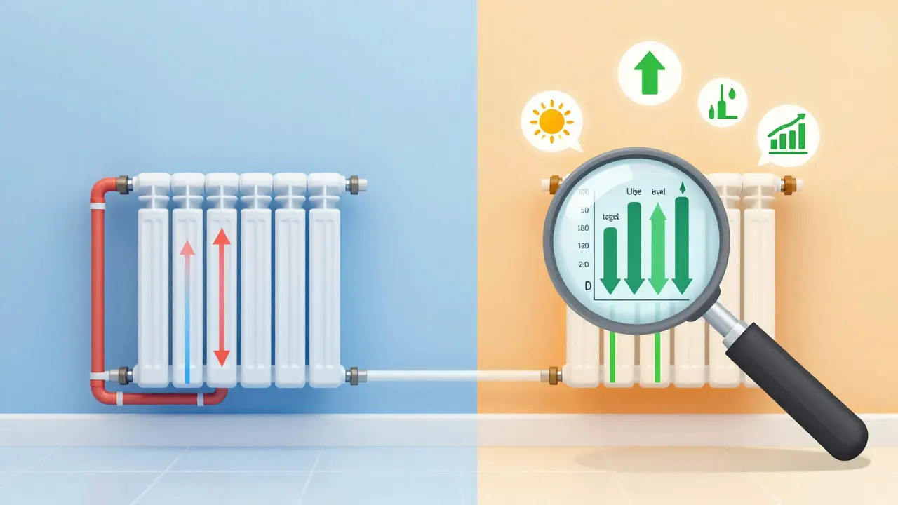 Transparentes Haus mit ungleichmäßigem und ausgeglichenem Heizwasserfluss