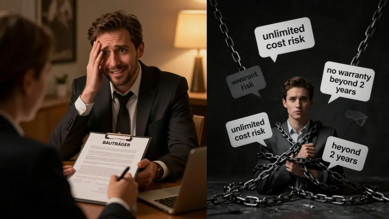 Verbraucher unterschreibt Vertrag, während rechtliche Fallen ihn binden.