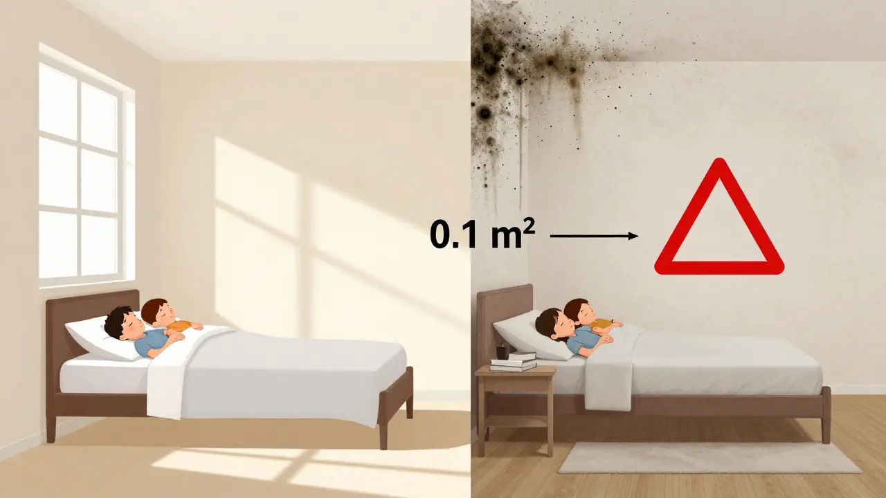Vergleich: Gesundes Schlafzimmer links, schimmelbefallenes Zimmer rechts mit Warnsymbol.