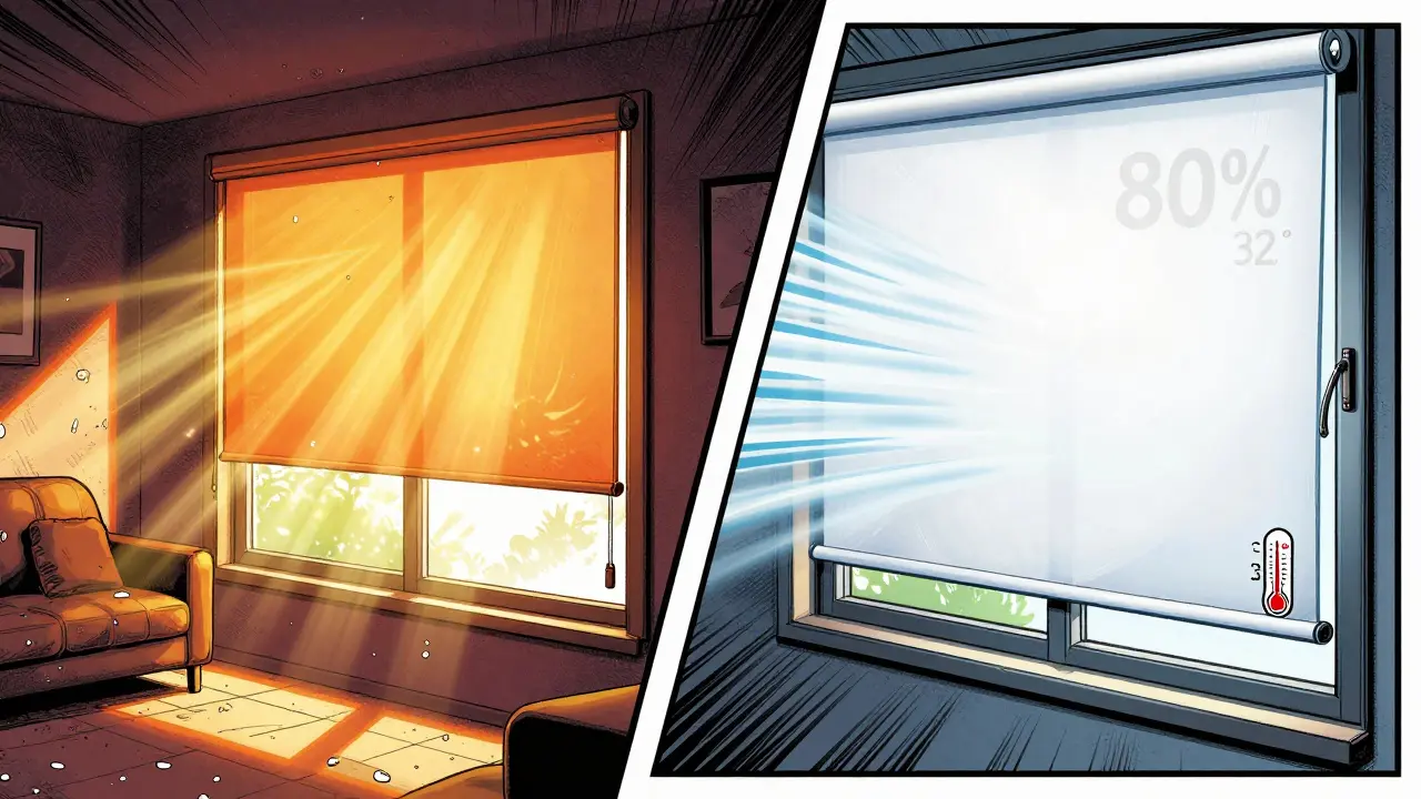 Vergleich: Innenrollo lässt Hitze ins Zimmer, Außen-Sonnenschutz blockiert sie vor dem Glas.