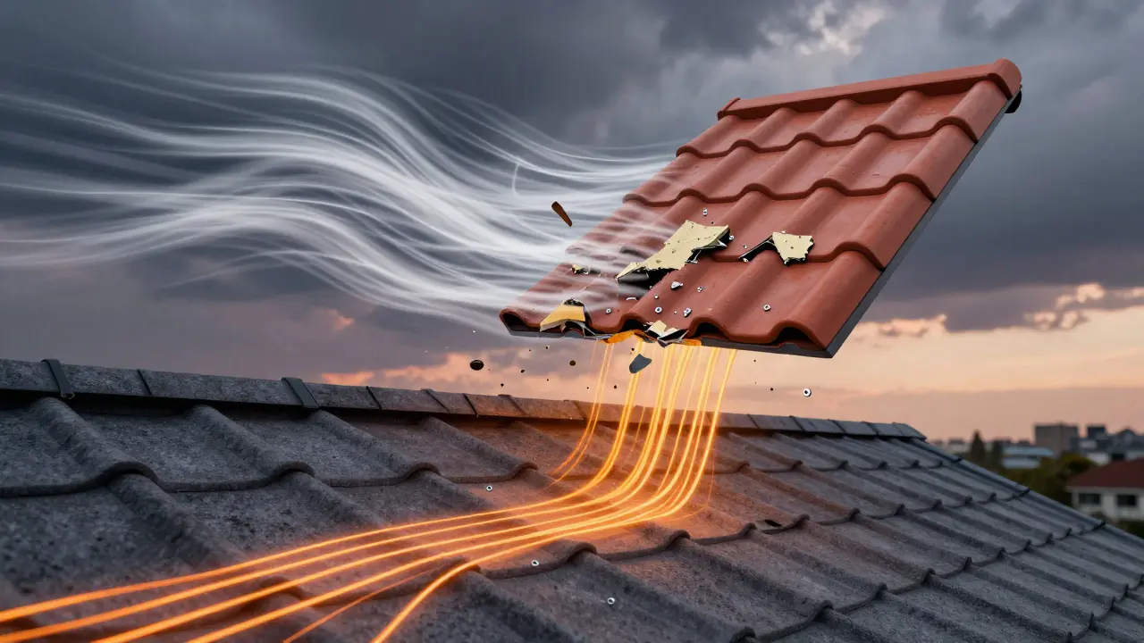 Vom Wind angehobene Dachziegel und Dämmplatten neben einem stabilen, korrekt berechneten Dachsystem.