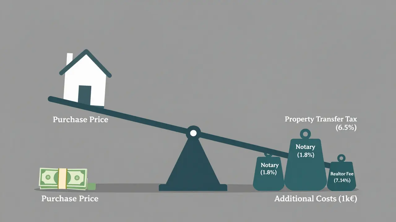 Waage mit Haus und Kostenposten: Grunderwerbsteuer, Notar, Makler und Zusatzkosten belasten die Seite.
