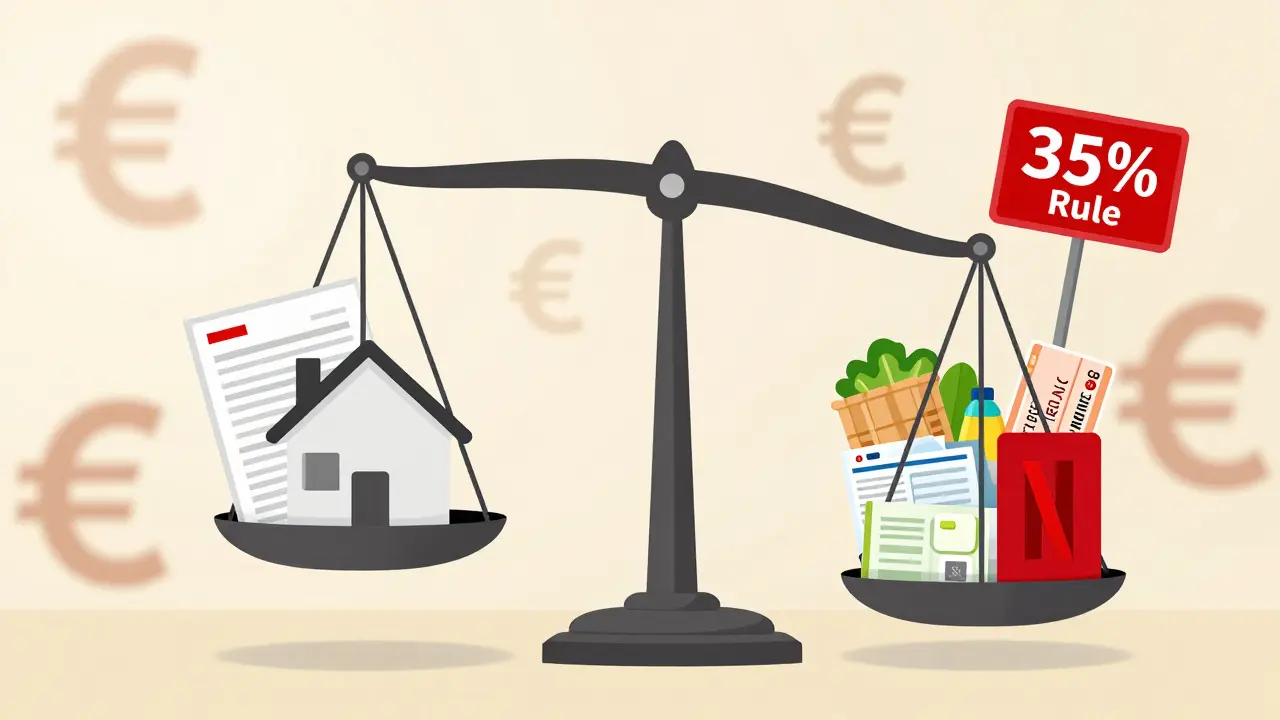 Waage mit Haus und täglichen Ausgaben: 35%-Regel entscheidet über Kreditgenehmigung.