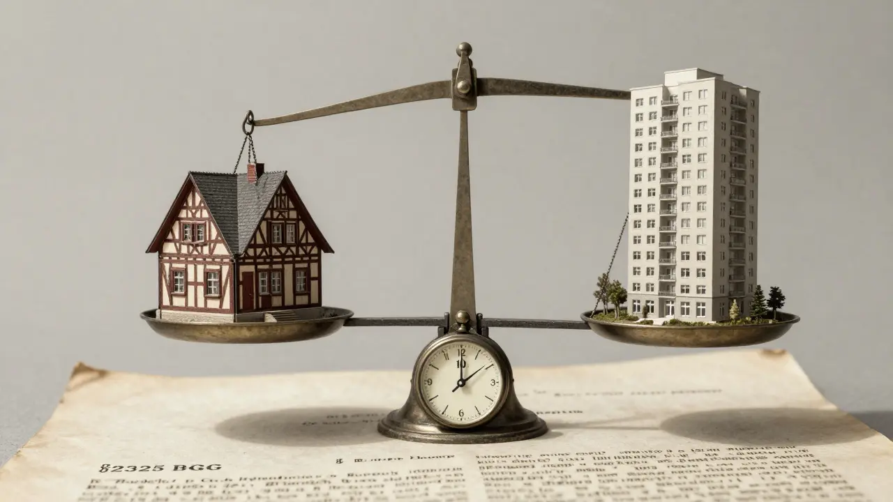 Waage mit historischem und modernem Haus, darunter eine Uhr mit '10 Jahre' und ein rechtliches Dokument.