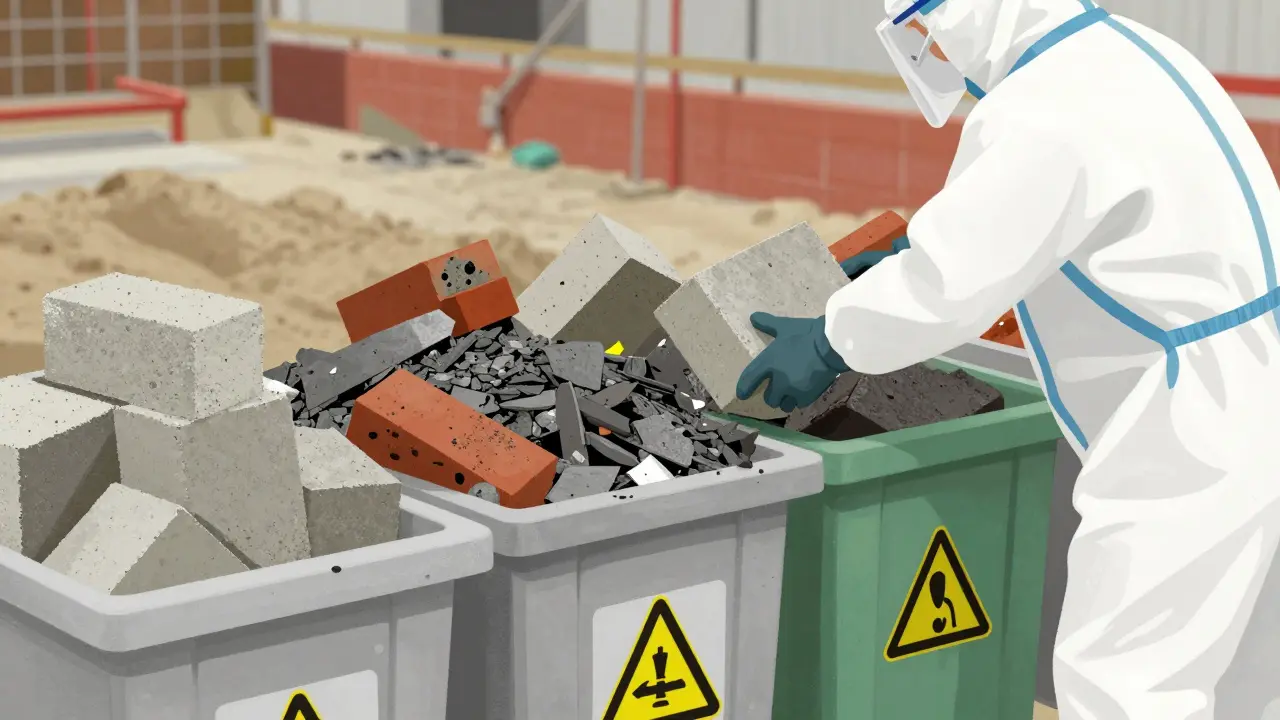 Arbeiter sortiert Bauabfälle nach Gefahrenklasse mit Symbolen