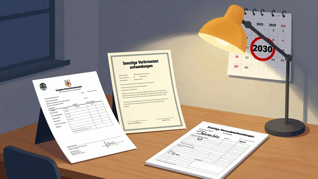 Auf einem Schreibtisch liegen eine Rechnung, eine Sanierungsbescheinigung und ein Steuerformular für energetische Maßnahmen.