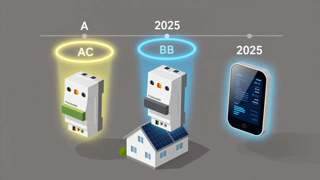 Drei Arten von FI-Schutzschaltern als schützende Symbole über einem Haus, dargestellt mit unterschiedlichen Lichtfarben für Wechsel- und Gleichstrom.