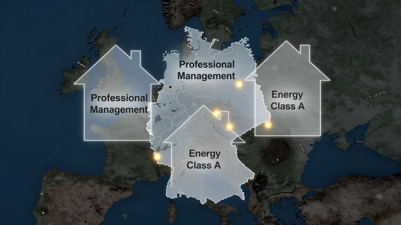 Drei durchscheinende Haus-Symbole für Co-Ownership, professionelle Verwaltung und Energieklasse A über einer Deutschlandkarte mit leuchtenden Investitionsregionen.