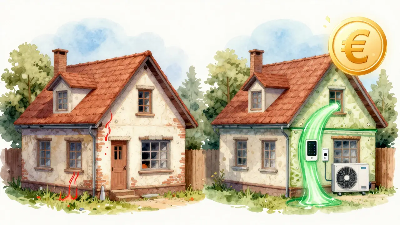 Ein altes Haus wird energetisch saniert: linke Seite mit Wärmeverlust, rechte Seite mit grüner Energie und einem 40.000-Euro-Symbol darüber.