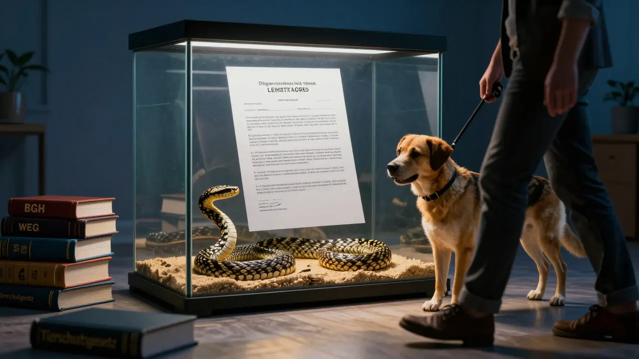 Ein Blindenführhund geht vorbei, während ein giftiger Schlangenterrarium mit rechtlichen Dokumenten umgeben ist.