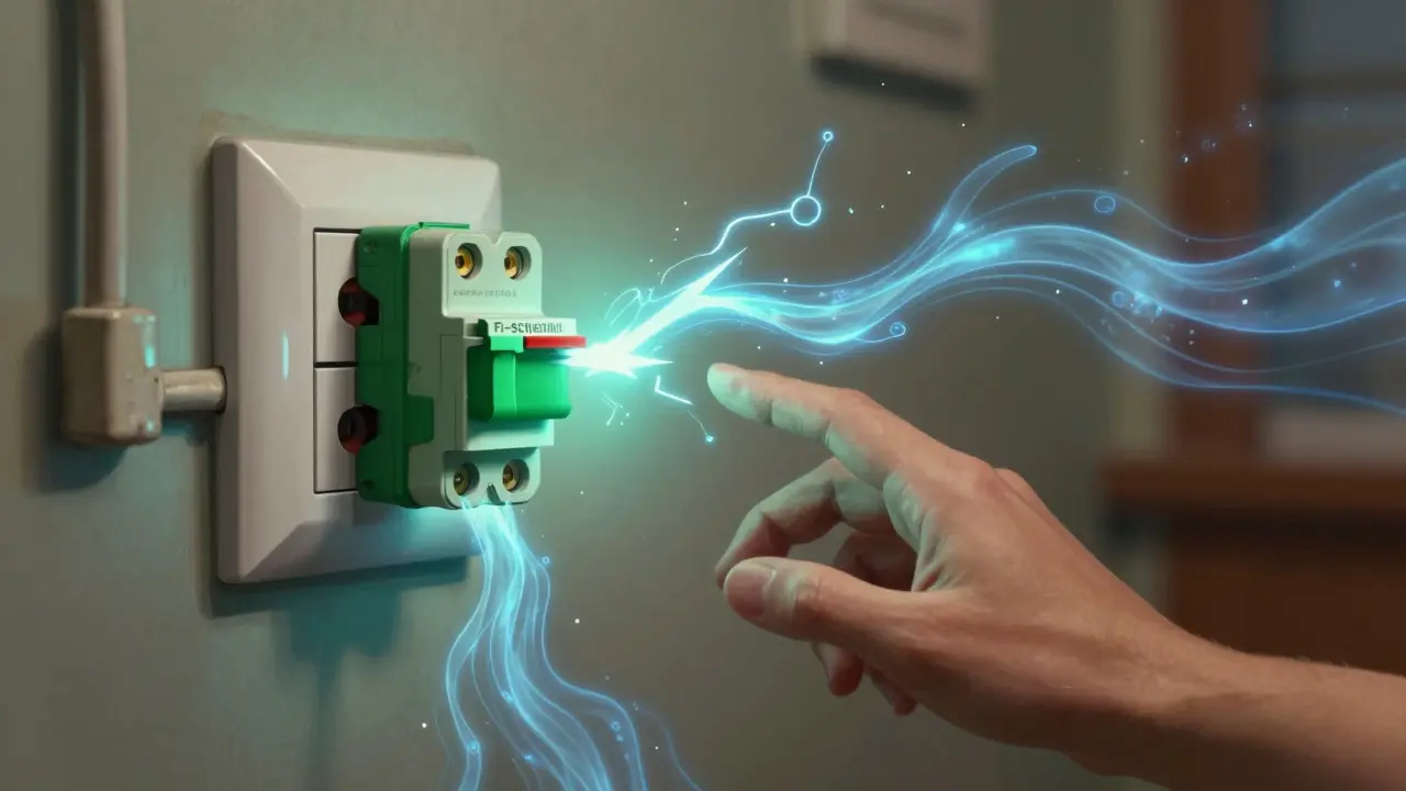 Ein gefährlicher Stromfluss wird von einem FI-Schutzschalter unterbrochen, während eine Person eine defekte Steckdose berührt.