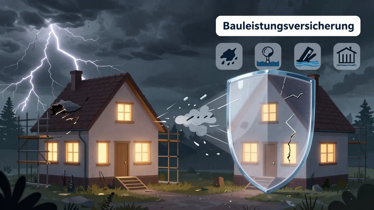 Ein Haus ist von Sturm, Hochwasser und Diebstahl bedroht, doch eine Versicherung schützt es mit einem unsichtbaren Schild.