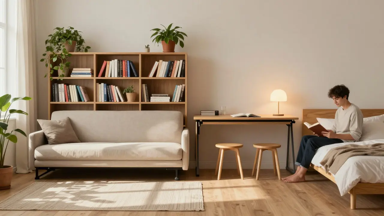 Ein niedriges Regal teilt den Wohnbereich vom Schlafbereich, mit Pflanzen und Büchern, während ein Gast auf dem Sofa sitzt.