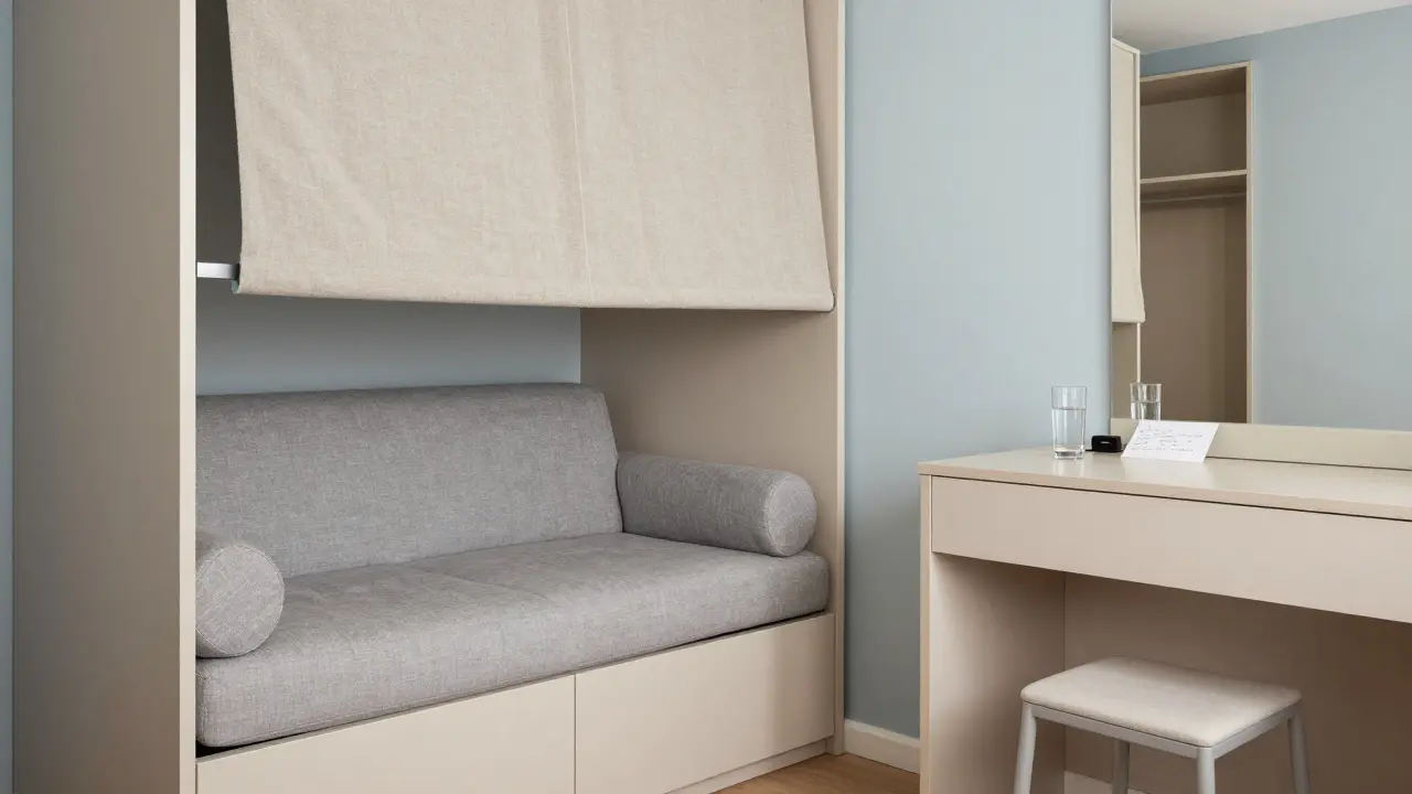 Ein Spiegelschrank, ein Stoffvorhang und ein Nachttisch mit Wasser, Zettel und Ladekabel in einem ruhigen, hellen Zimmer.