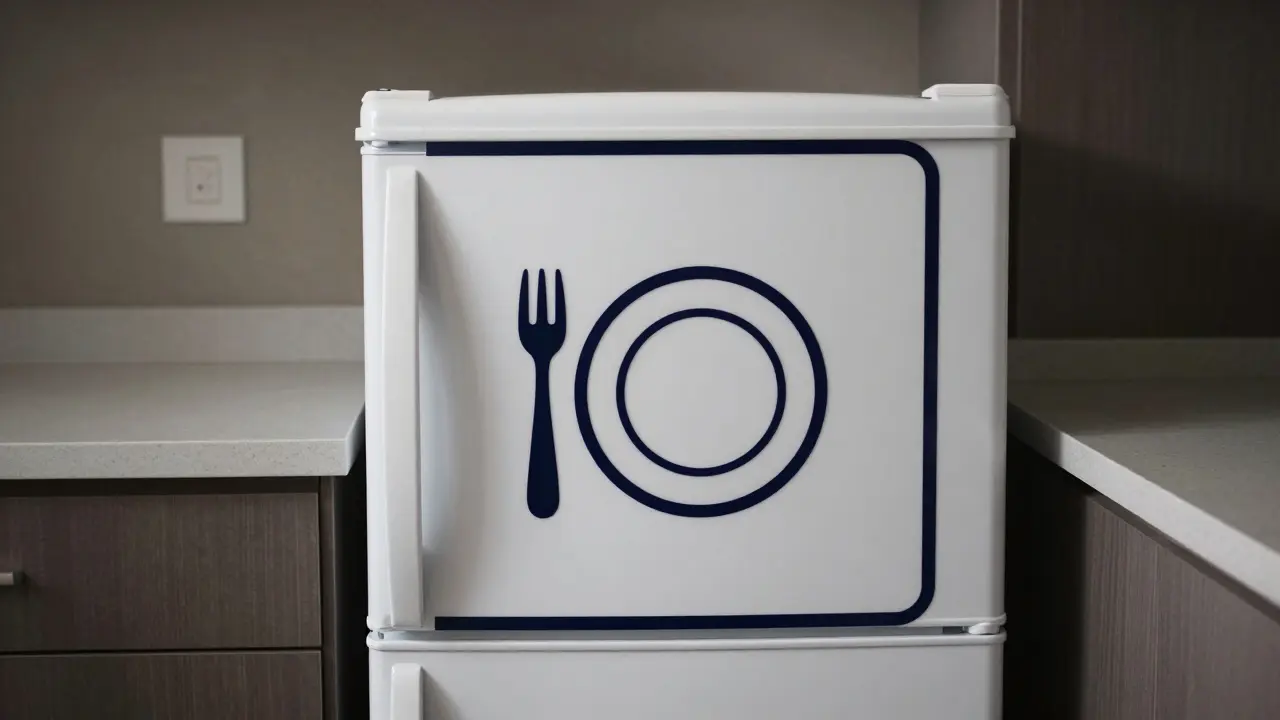 Ein weißer Kühlschrank mit dunklem Rand und Gabel-Platte-Symbol auf der Tür, ruhige Küchenumgebung.