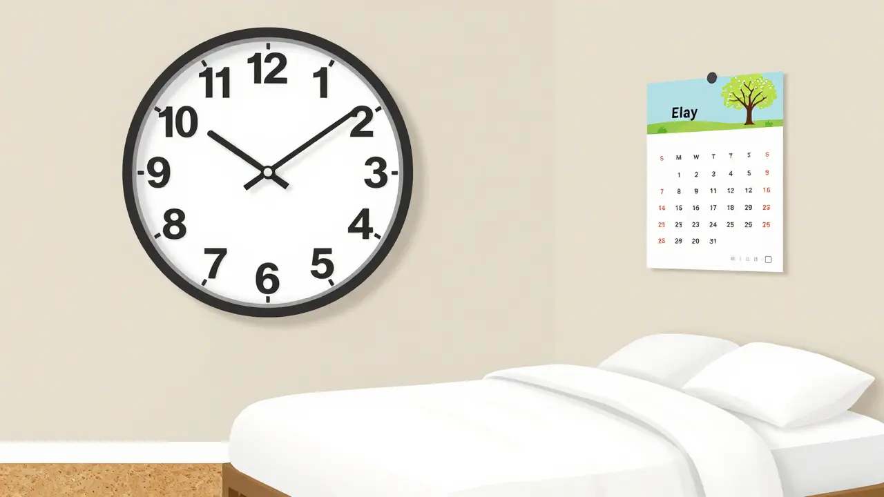 Eine analoge Uhr mit großen Ziffern und ein Kalender mit Jahreszeiten-Bildern an einer neutralen Wand.