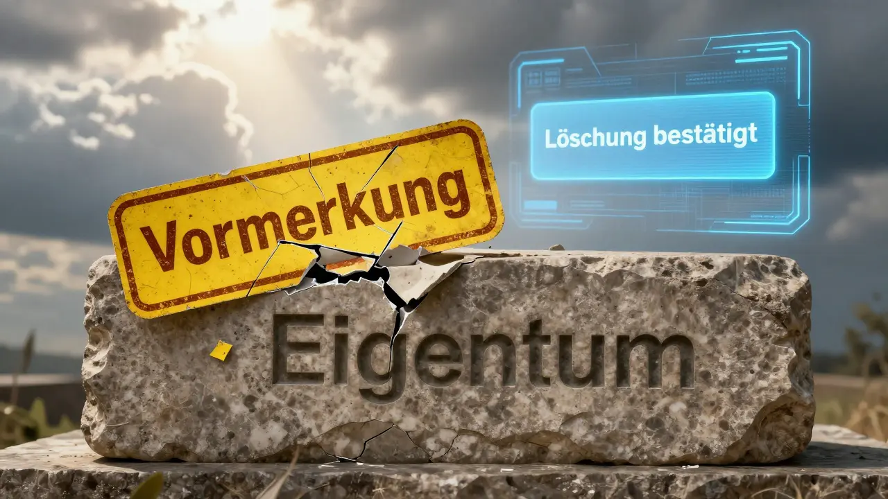 Ermäßigte Vormerkung löst sich von einem Grundstück, während digitale Bestätigung erscheint.