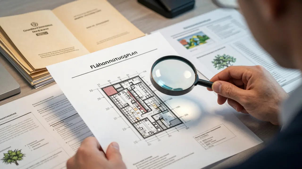 Fachanwalt prüft Bebauungsplan mit Lupe, während Grundbuchauszug und Flächennutzungsplan danebenliegen.