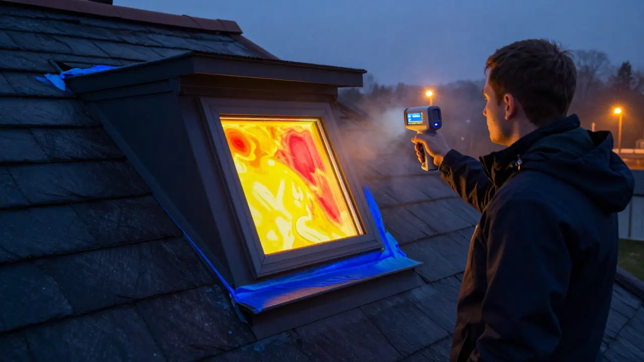 Fachmann mit Infrarotkamera auf dem Dach, der eine Gaube auf Wärmeverluste untersucht