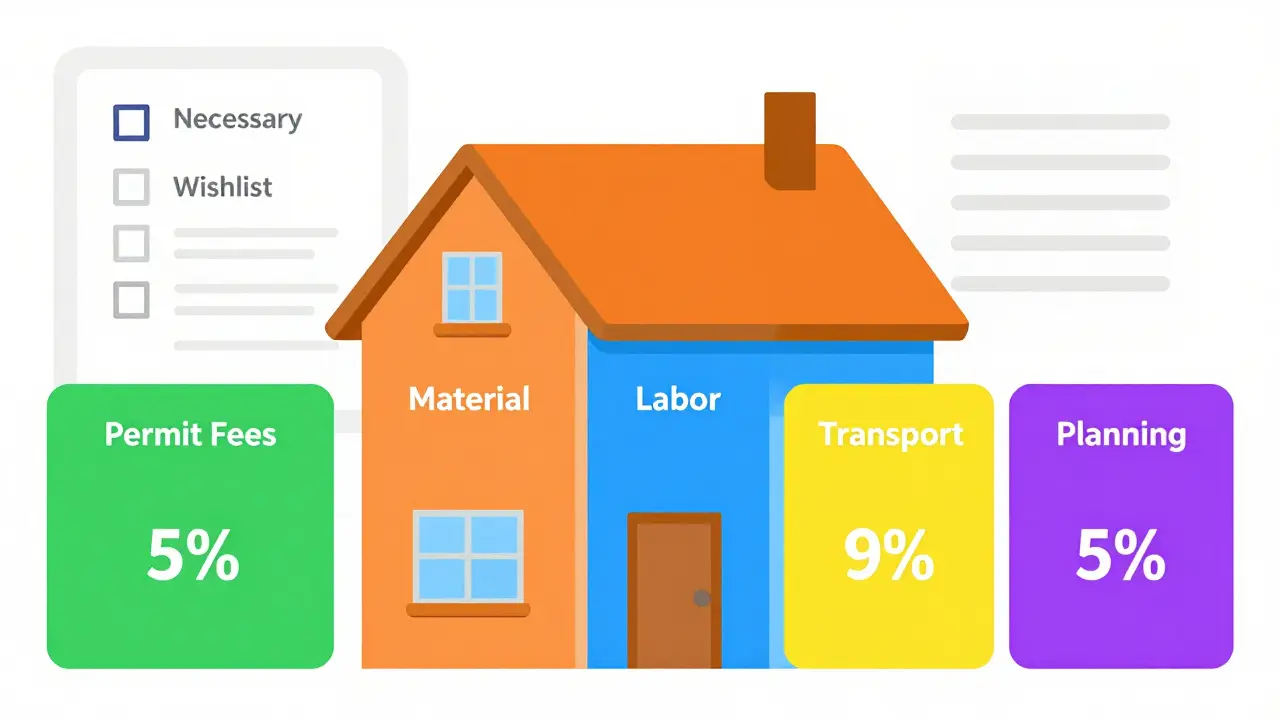 Fünf Farbblöcke zeigen die Aufteilung eines Renovierungsbudgets mit Prozentsätzen für Material, Arbeit und Nebenkosten.