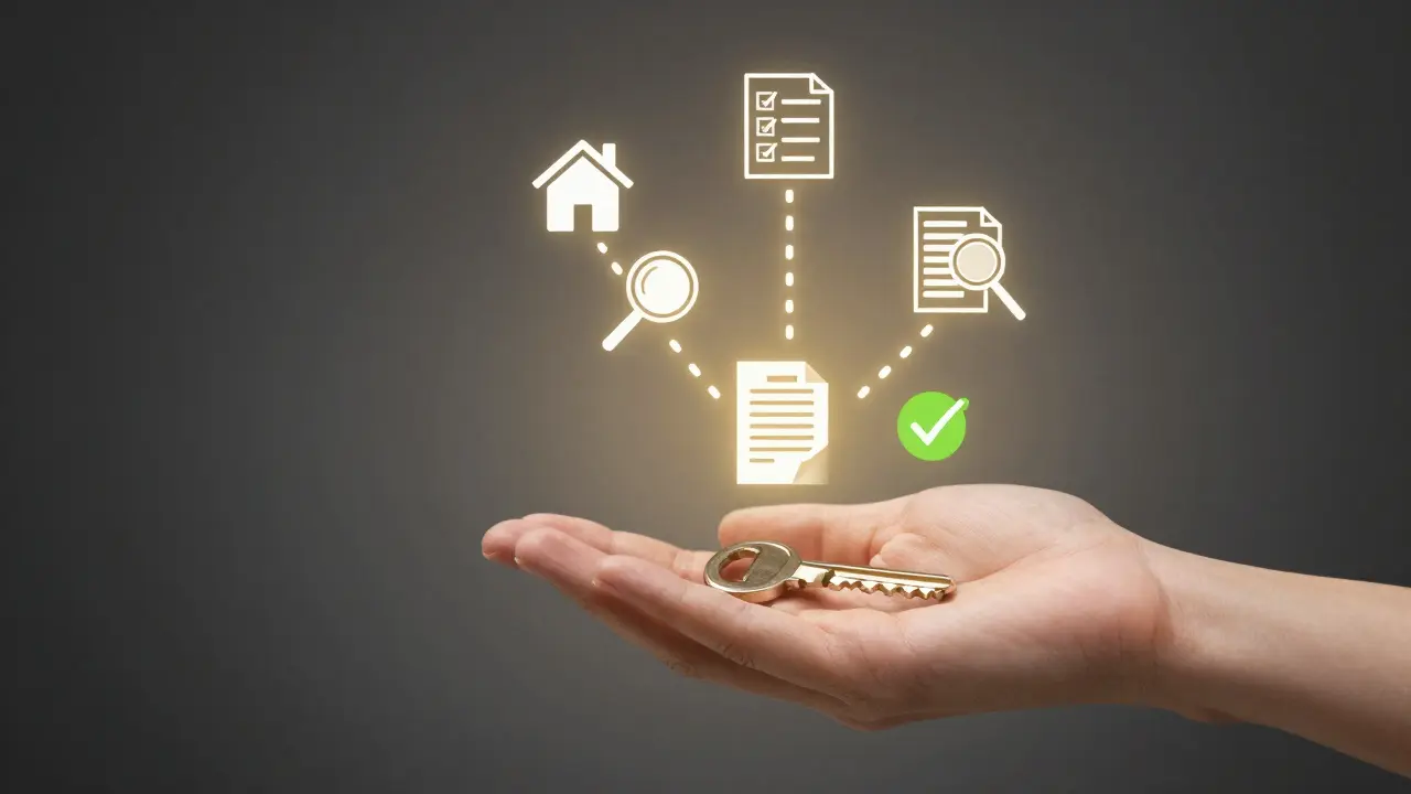 Hand hält Schlüssel, der zu einem Weg aus Renovierungs- und Kredit-Symbolen führt.