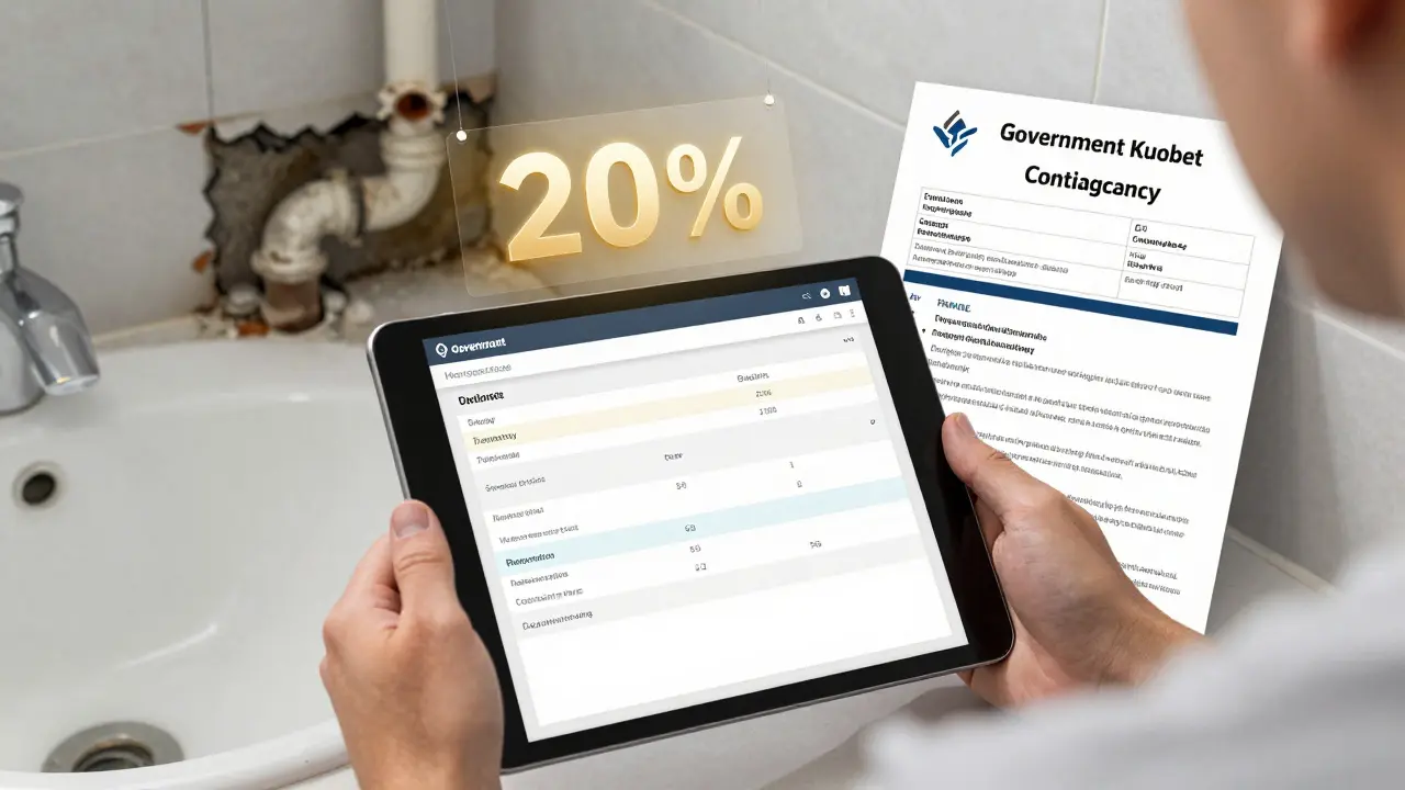 Hausbesitzer vergleicht drei Renovierungsangebote auf einem Tablet, während ein 20%-Puffer und Förderformular sichtbar sind.