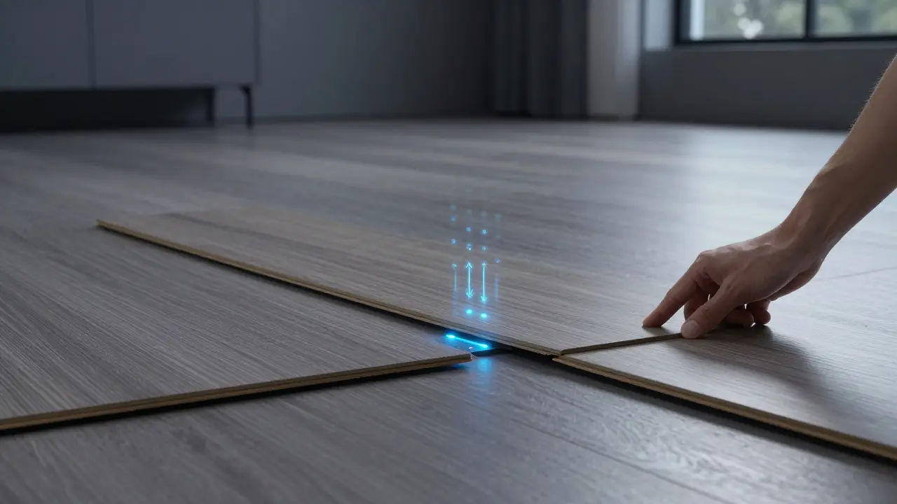 Intelligenter Vinylboden mit Feuchtigkeitssensoren, die vor Aufquellen warnen, während eine Dielenplatte entfernt wird.