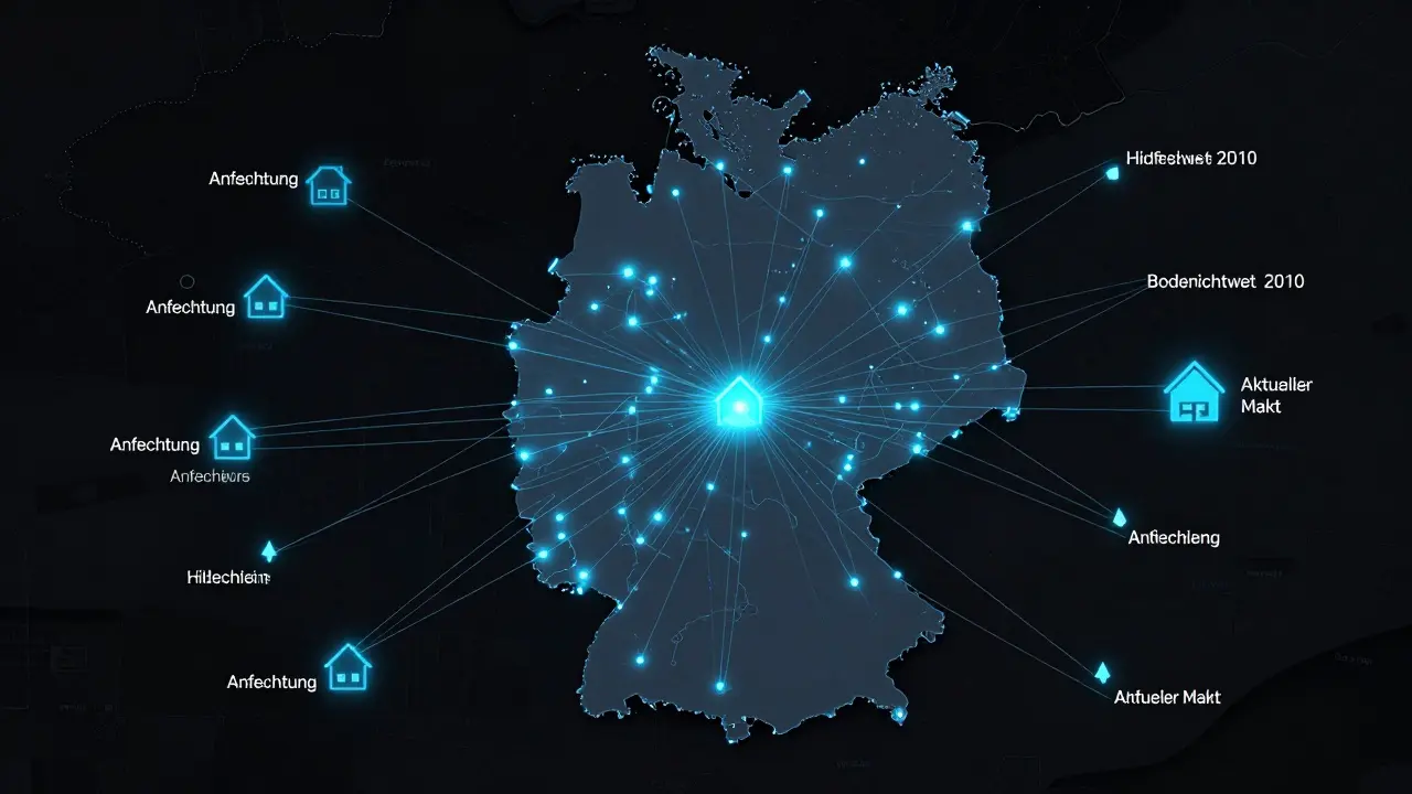 Karte Deutschlands mit den 1.850 staatlich anerkannten Gutachtern und Anfechtungs-Punkten an Immobilien.