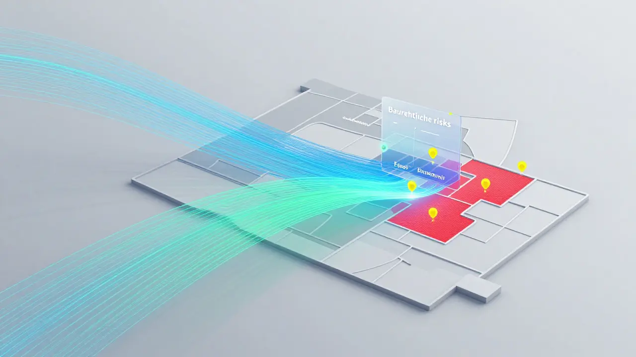 KI-basierte Risikoanalyse für Grundstücke, visualisiert Altlasten und Zonengrenzen abstrakt.
