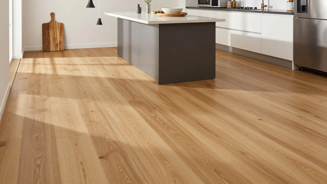 Lichtdurchflutete Küche mit holzoptischem Vinylboden, nahtlos verlegt, ohne Fugen, mit Holzschneidebrett und modernen Lichtern.