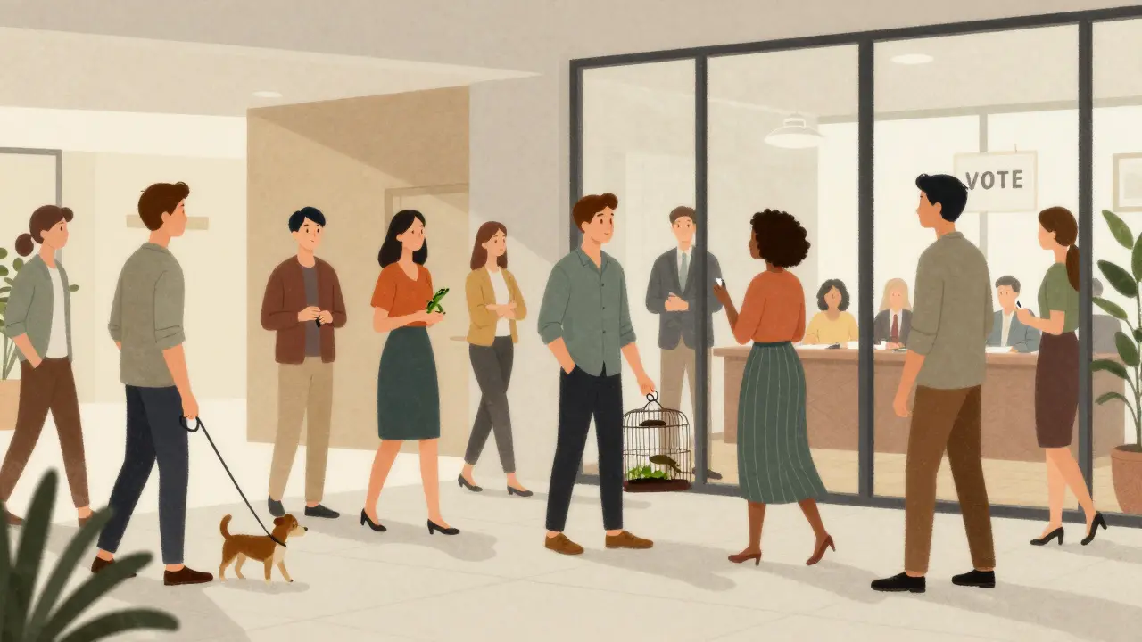 Menschen mit verschiedenen Haustieren in einem Wohnhausflur, eine Eigentümerversammlung im Hintergrund.