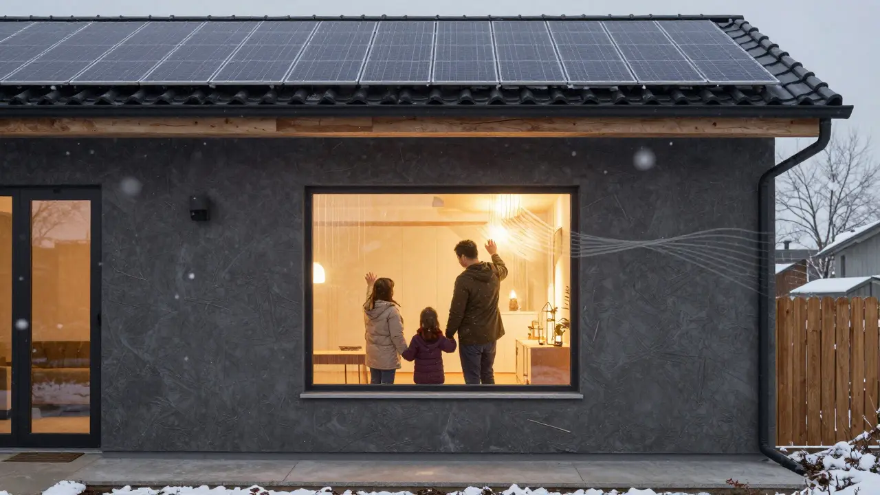 Modernisierte Fassade mit dunklem Putz, solaraktiven Elementen und warmem Licht im Inneren, Familie berührt eine warme Wand.