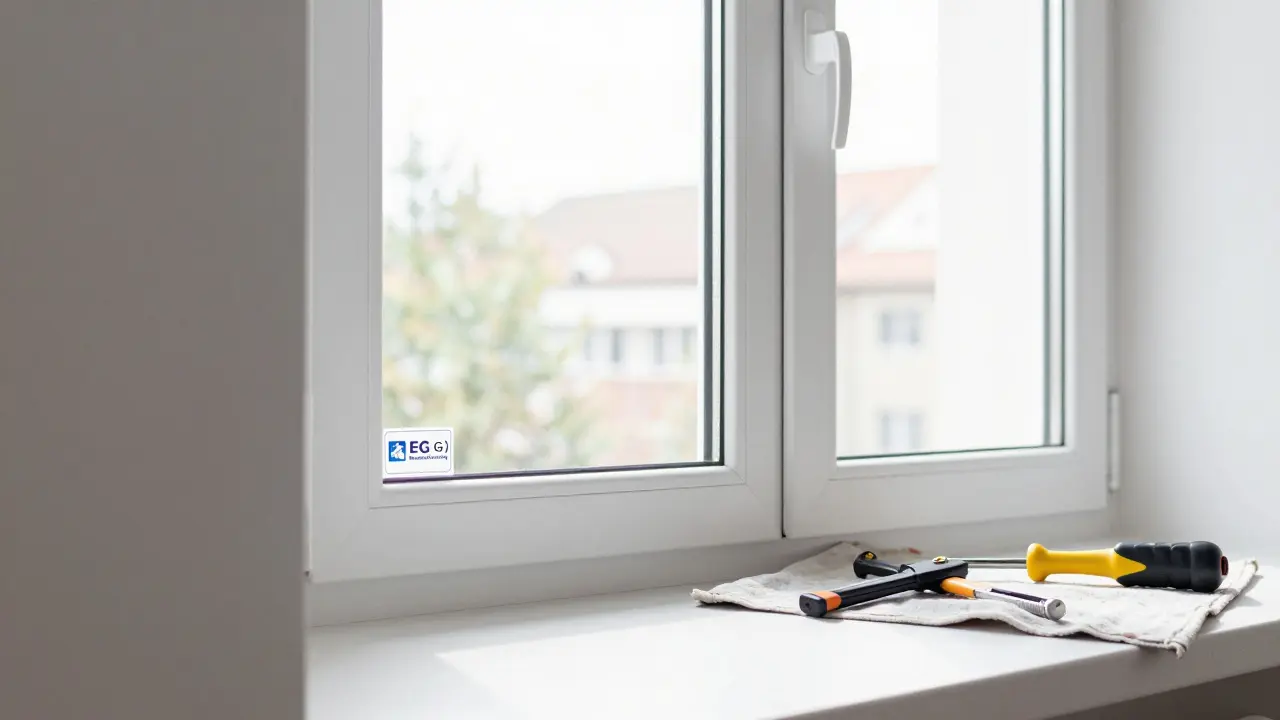 Neues Fenster mit Fördersticker wird installiert, Sonnenlicht fällt durch die Scheibe – Symbol für energetische Aufwertung.
