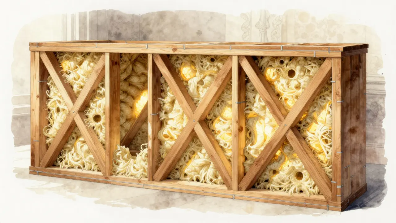 Quer- und Längslatten mit Zellulosedämmung in einer Holzunterkonstruktion, warmes Licht durch die Ritzen.