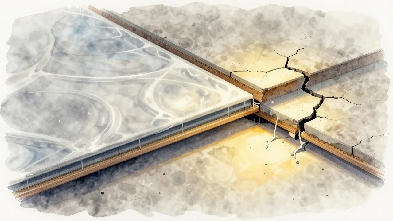 Querschnitts-Darstellung: korrekte vs. fehlerhafte Verlegung von Vinylboden mit Dampfsperre, Fugen und Feuchtigkeit.
