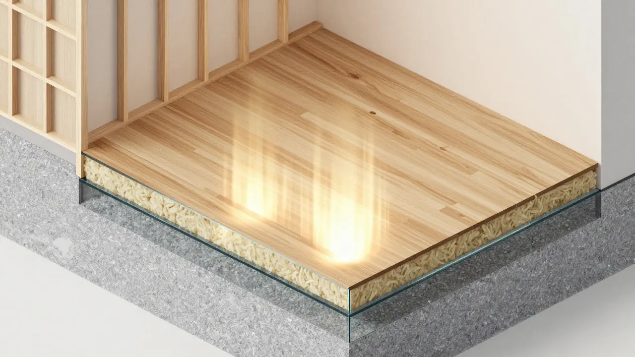 Schichtaufbau eines modernen Altbau-Bodens: Feuchtigkeitssperre, Holzgerüst, Dämmung und Holzdielen, von unten gesehen.