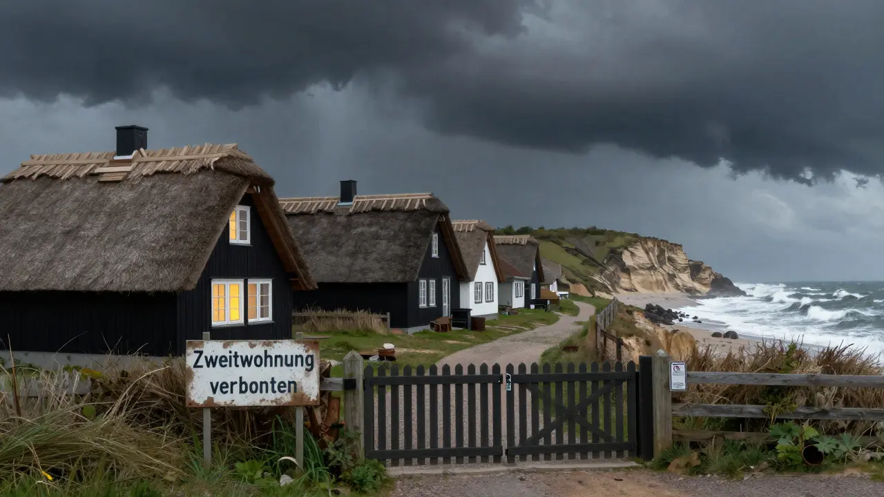 Traditionelle Reetdachhäuser an der Nordsee bei Sturm, ein Haus beleuchtet, Schild 'Zweitwohnung verboten', Erosion am Küstenrand.
