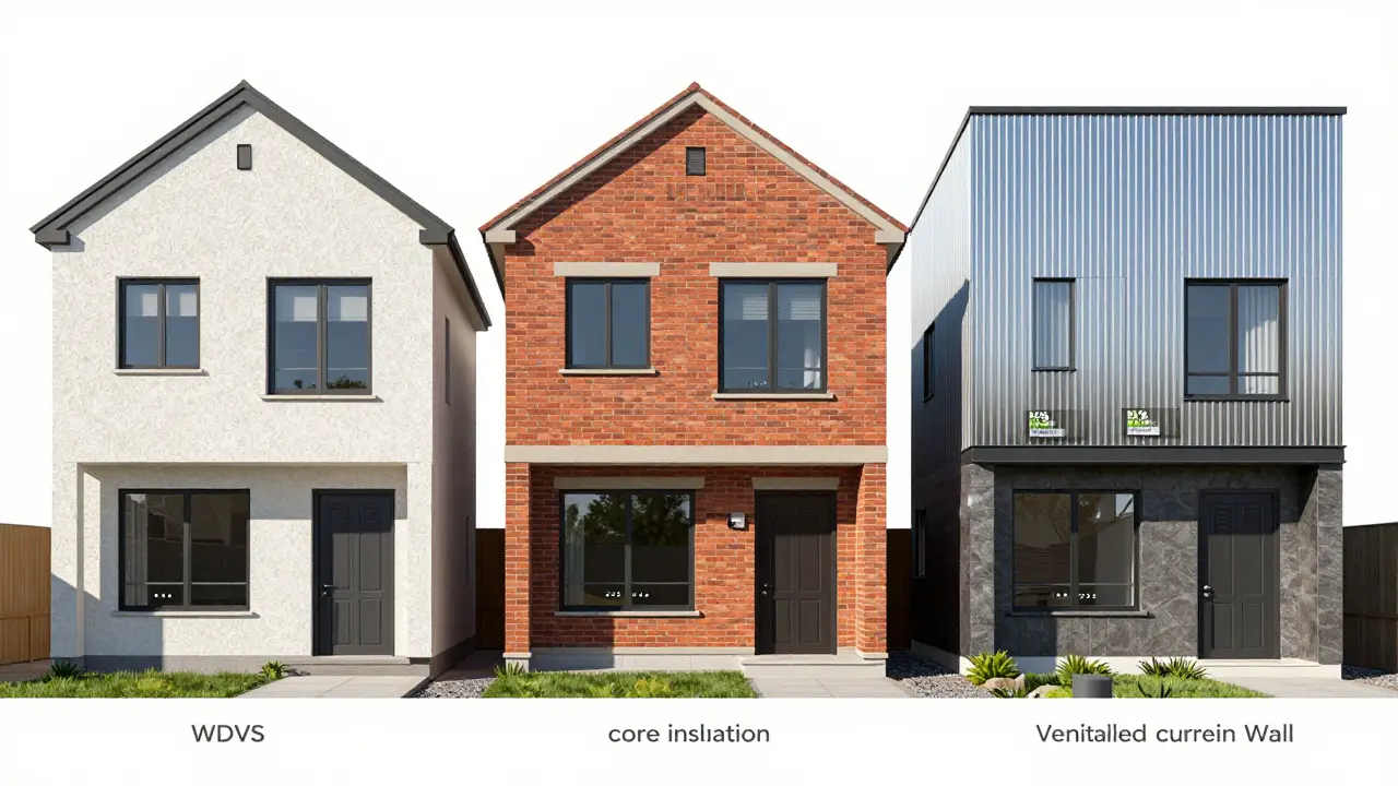 Vergleich dreier Fassadendämmsysteme: WDVS, Kerndämmung und hinterlüftete Fassade mit sichtbaren Materialunterschieden und Lichtverhältnissen.