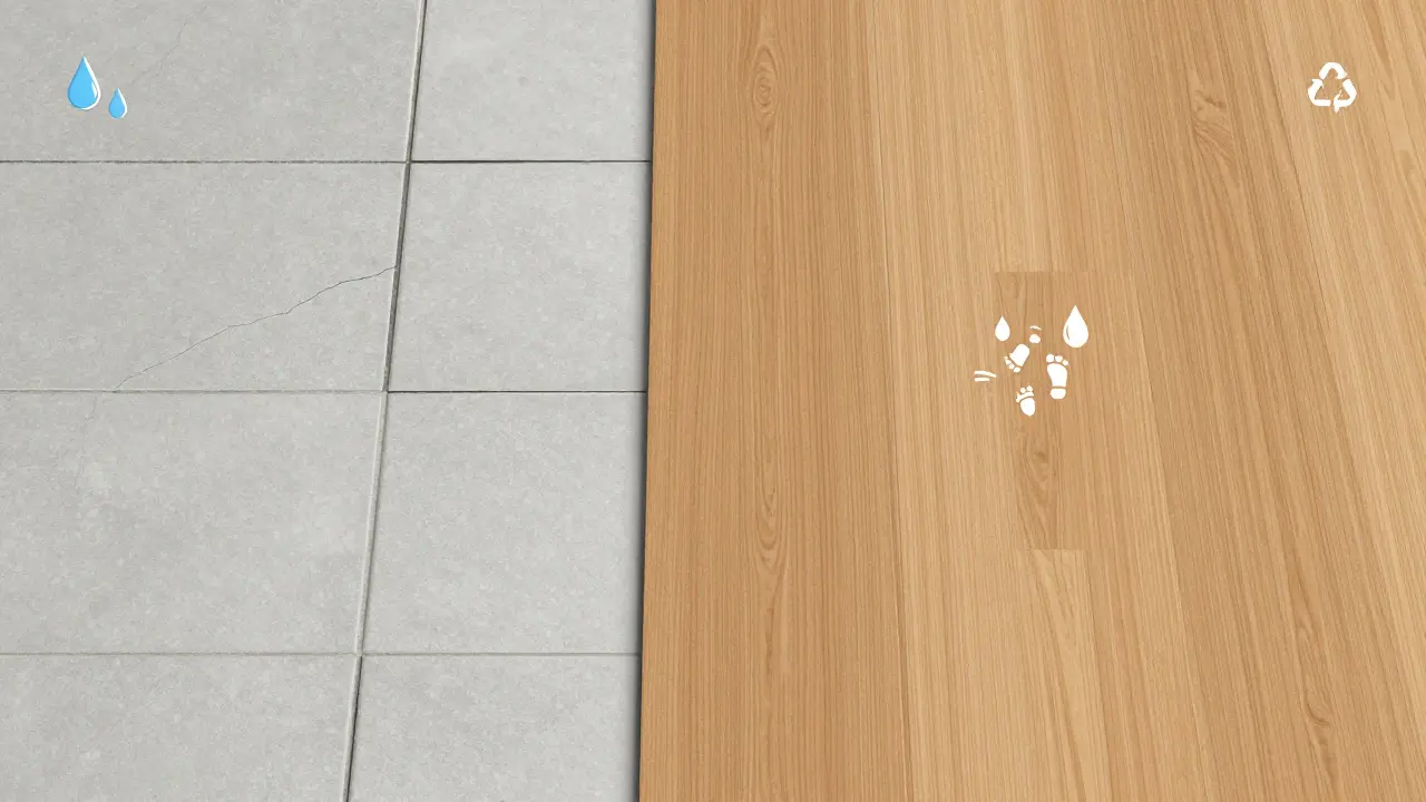 Vergleich: starre Fliesen links vs. warmer, realistischer Designbelag rechts mit Holzstruktur und abgerundeten Kanten.