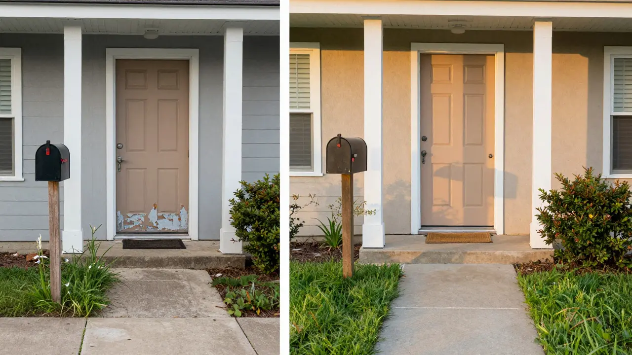 Vergleich von vernachlässigtem und gepflegtem Eingangsbereich mit frisch gestrichener Tür und gemähtem Rasen.
