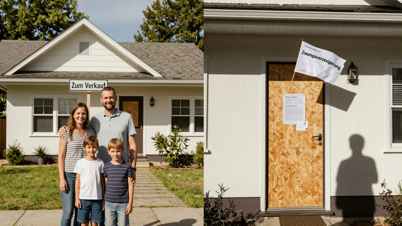 Zwei Seiten desselben Hauses: einst ein Zuhause, jetzt verlassen und mit Gerichtsbescheiden beklebt.
