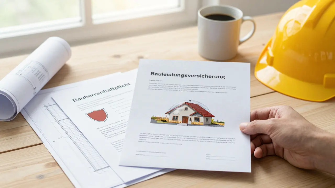 Zwei Versicherungsdokumente liegen neben einem Hausplan, symbolisieren Schutz vor Haftpflicht und Bauschäden.