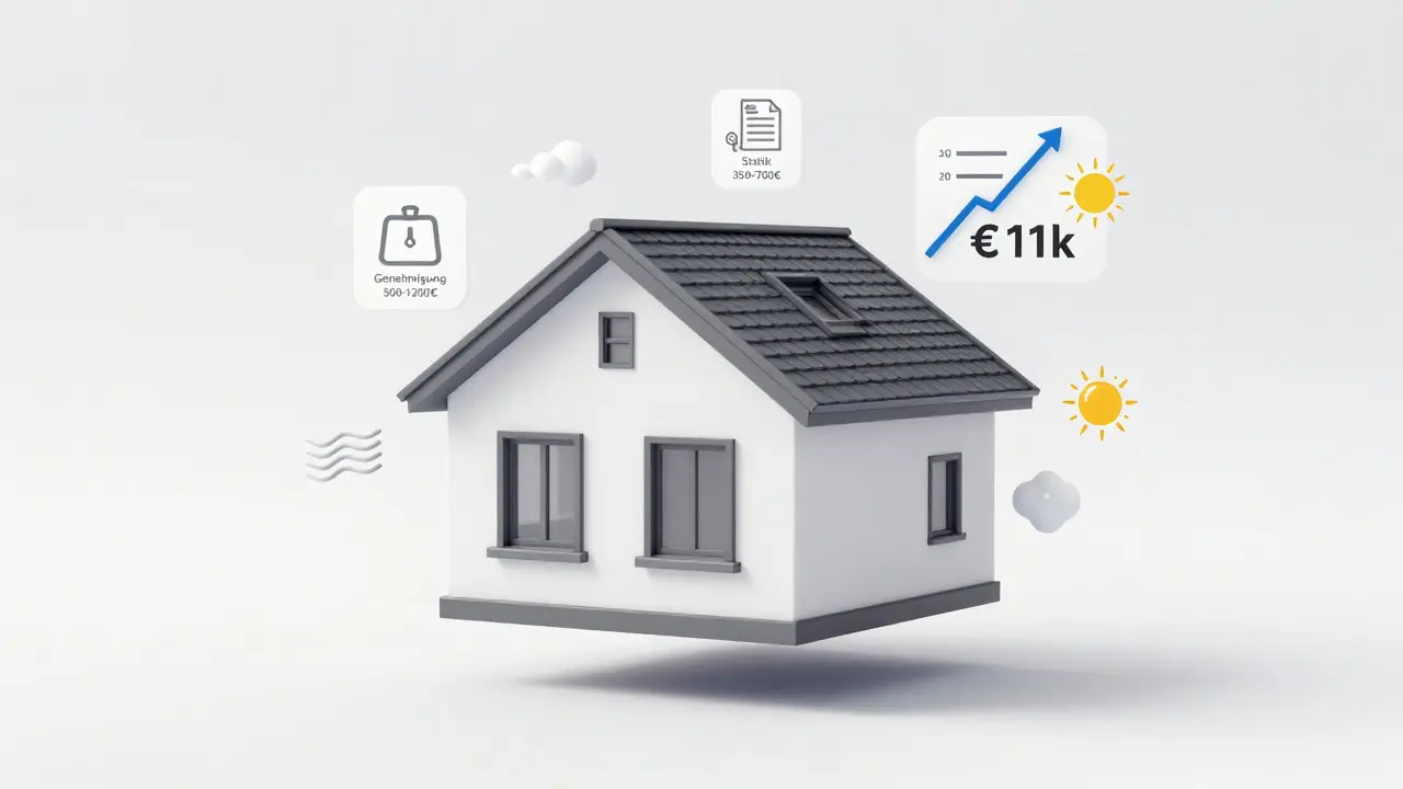Abstrakte Darstellung der Kostenfaktoren einer Dachgaube mit Symbolen für Statik, Genehmigung und Preisentwicklung.