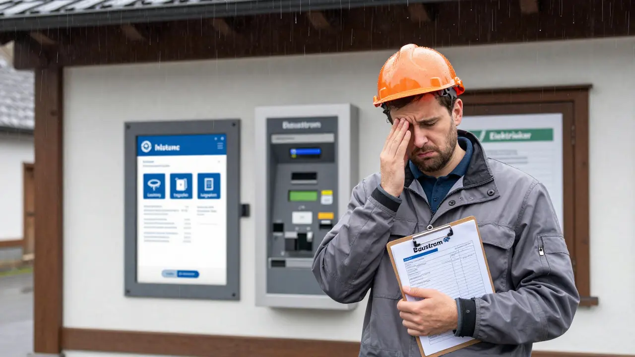 Bauherr mit Antragsformular vor einem Versorgungsamt, digitales Antragsportal im Hintergrund.