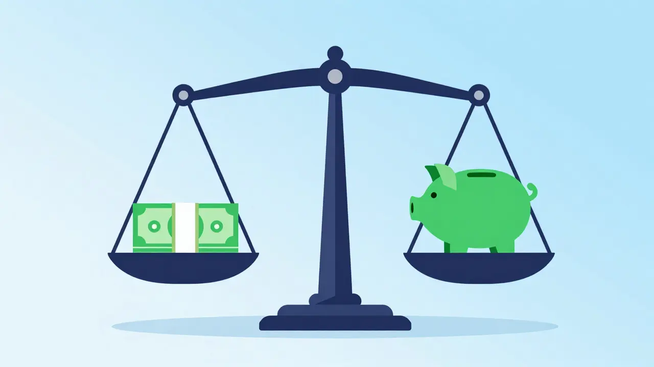 Digitale Illustration einer Waage mit Sparschwein und Bargeld für Sicherheit.