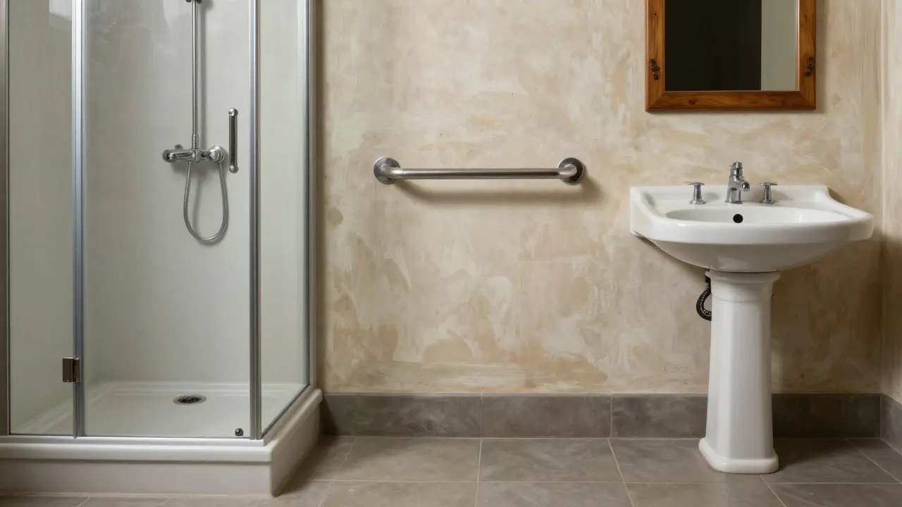 Drei barrierearme Lösungen in einem historischen Badezimmer: Dusche, Haltegriff und Waschbecken ohne Strukturveränderungen.