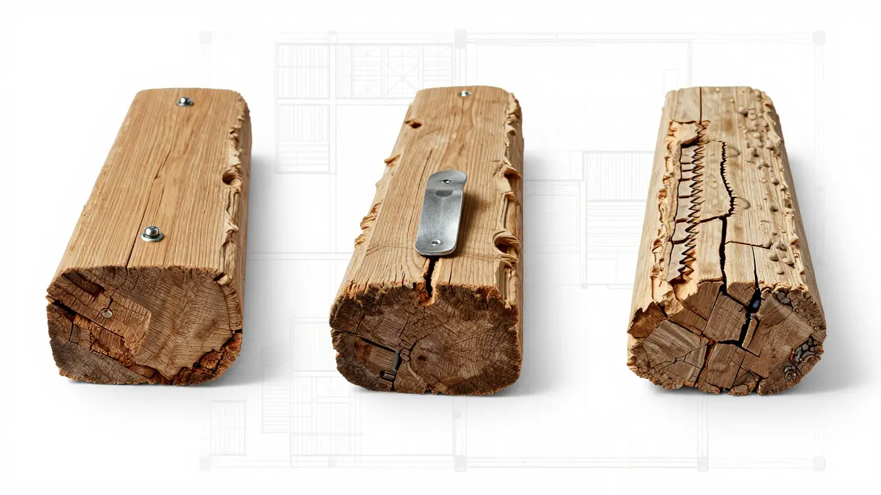 Drei Sanierungsmethoden für historische Balken: Anlaschen, Stahlschuh und Kunstharzprothese im Vergleich.